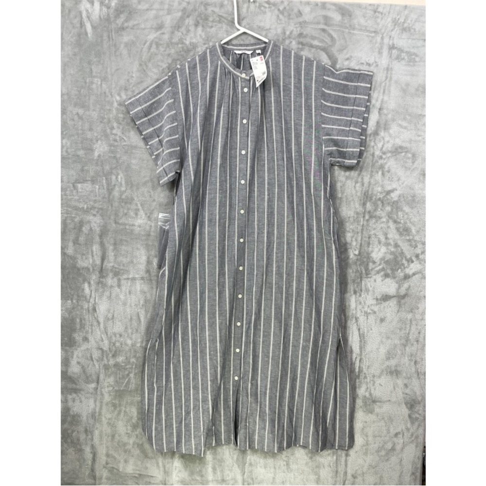 Uniqlo Size M Linen Blend Relaxed Belted Dress Striped Gray Long NWT